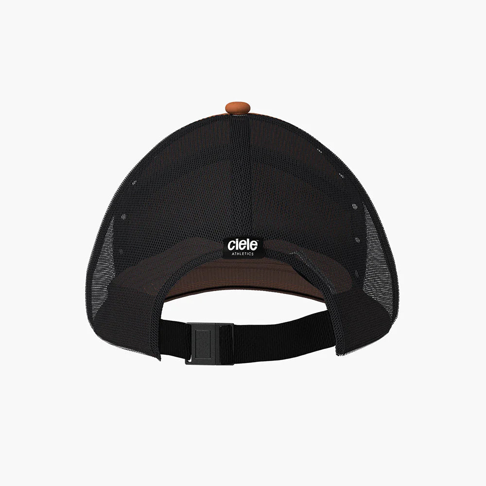 TRKCap SC - Box by Ciele in black and brown, technical trucker cap with curved brim and COOLmatic 3D air mesh for running and outdoor use