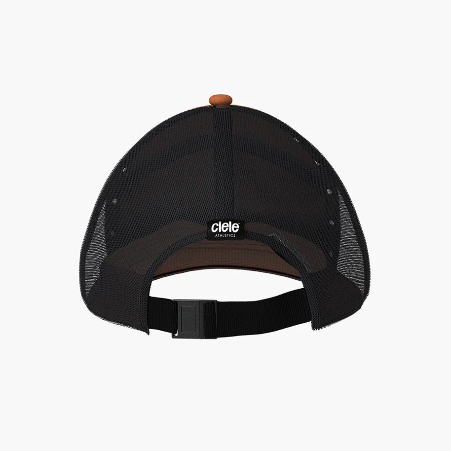 TRKCap SC - Box by Ciele in black and brown, technical trucker cap with curved brim and COOLmatic 3D air mesh for running and outdoor use