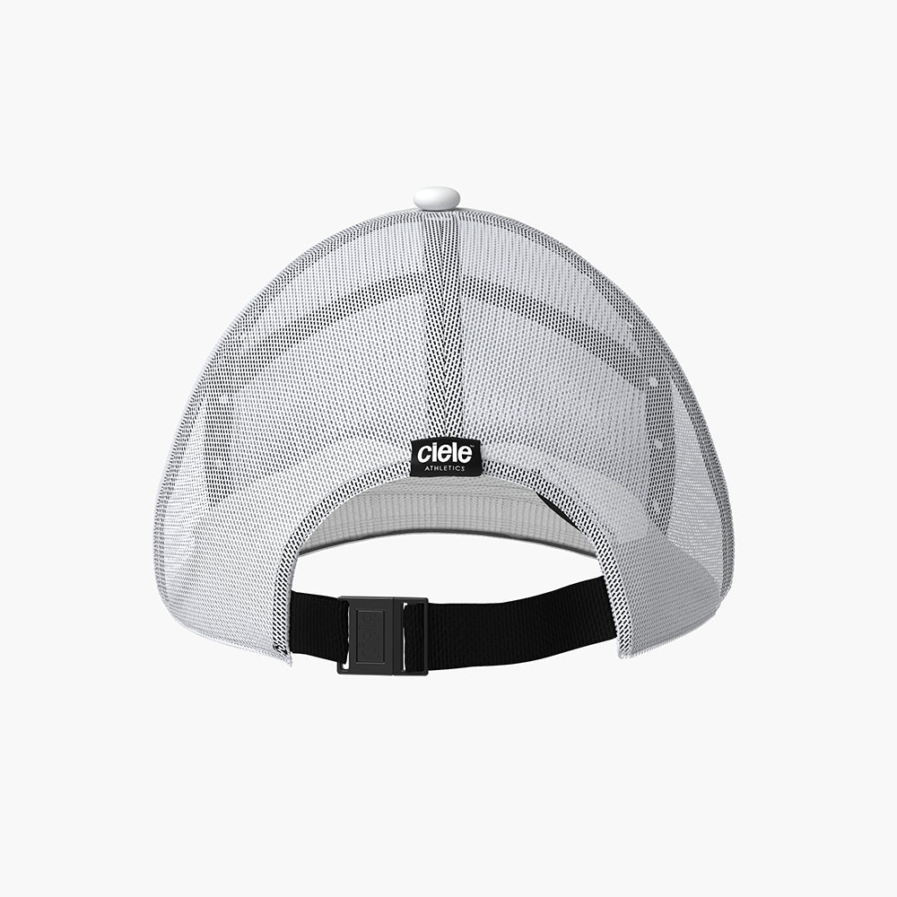 TRKCap SC - Box by Ciele in white and black technical trucker cap with COOLmatic 3D air mesh, curved brim, modern silhouette for running