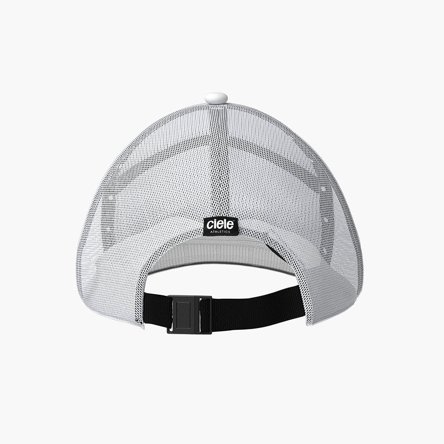 TRKCap SC - Box by Ciele in white and black technical trucker cap with COOLmatic 3D air mesh, curved brim, modern silhouette for running