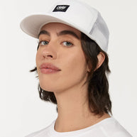 TRKCap SC - Box by Ciele in white technical trucker cap with curved brim, pinched crown, COOLmatic 3D mesh for running and outdoor use