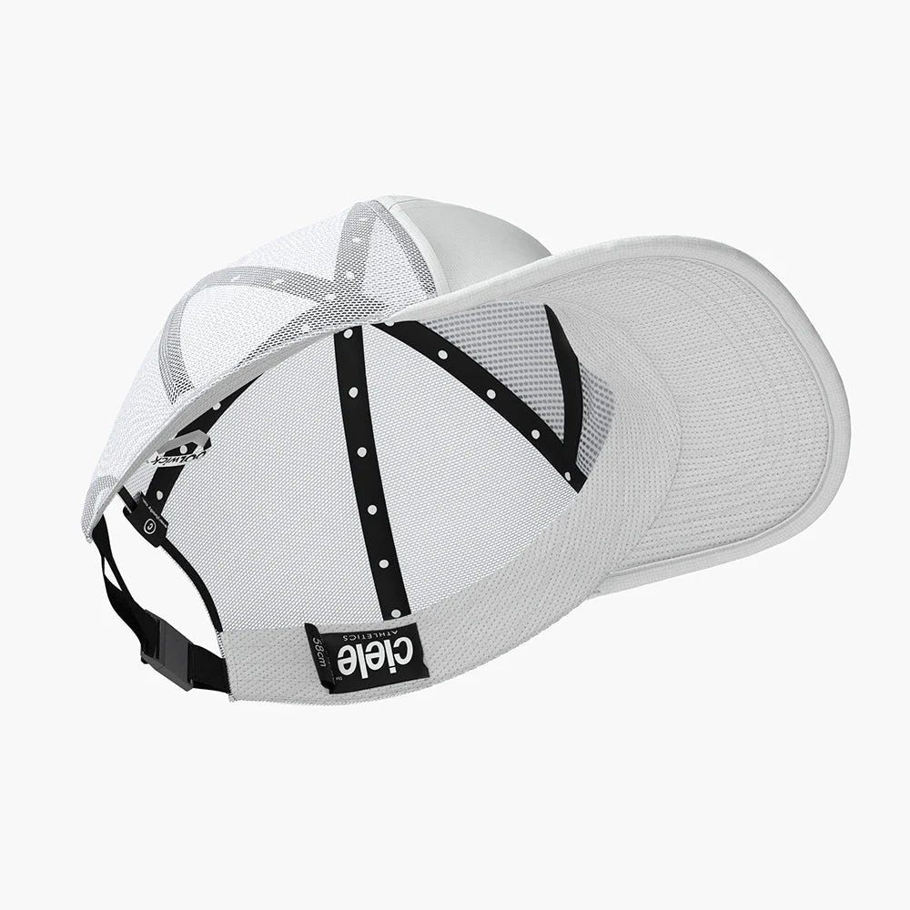 TRKCap SC - Box by Ciele in white with COOLmatic 3D air mesh, technical curved brim trucker cap ideal for running and outdoor use in Canada
