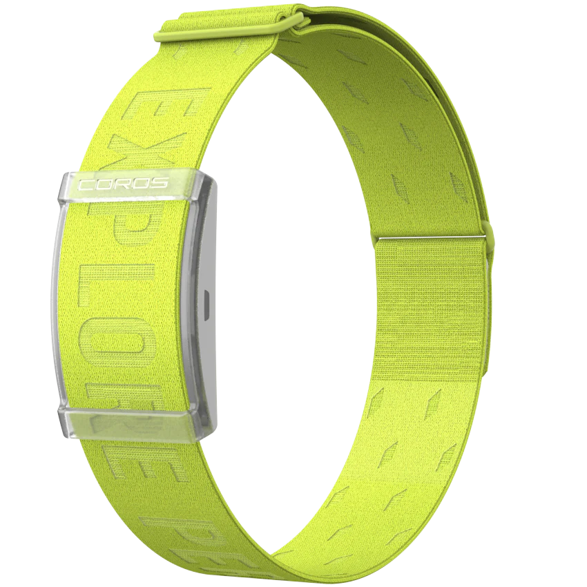 Heart Rate Monitor by Coros in neon yellow with Bluetooth compatibility providing 38+ hours of continuous accurate heart rate tracking