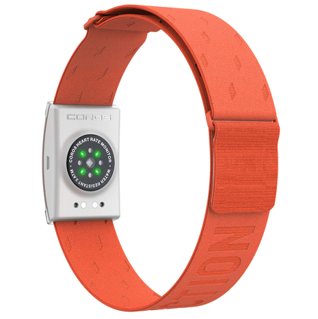 Heart Rate Monitor by Coros in orange with Bluetooth compatibility and 38-hour continuous heart rate tracking for running and workouts