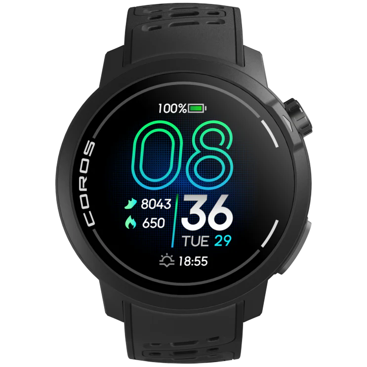 Pace Pro by Coros in black with AMOLED screen, lightweight GPS running watch featuring high-performance processor and energy-efficient design