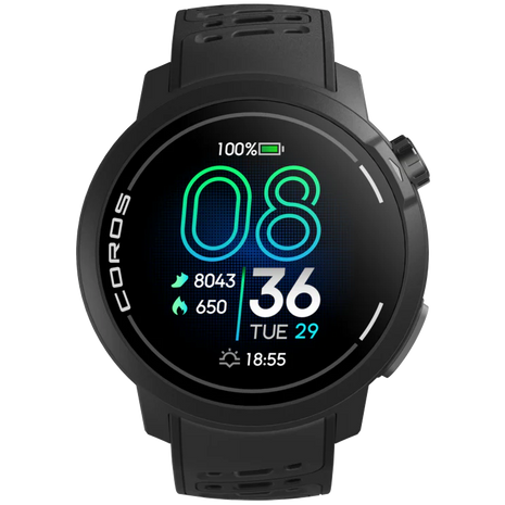 Pace Pro by Coros in black with AMOLED screen, lightweight GPS running watch featuring high-performance processor and energy-efficient design