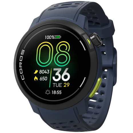 Pace Pro by Coros in navy with bright AMOLED display, lightweight GPS sports watch for running with energy-efficient tech and premium processor