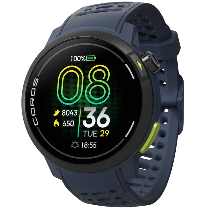Pace Pro by Coros in dark blue with bright AMOLED screen, lightweight GPS watch for running with energy-efficient technology and performance tracking