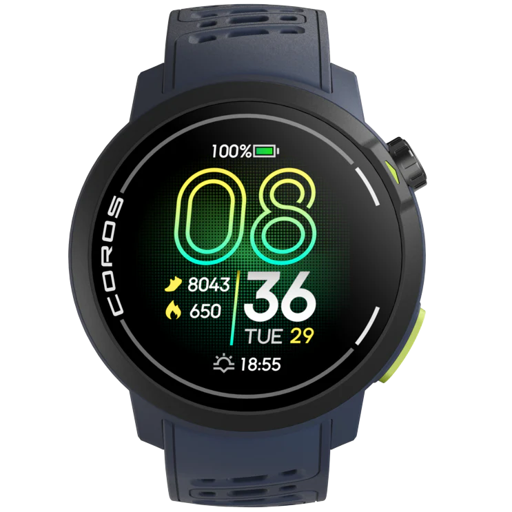Pace Pro by Coros in blue with bright AMOLED screen, lightweight design, energy-efficient processor for running and fitness tracking