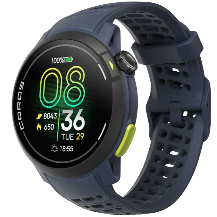 Pace Pro by Coros in dark blue with bright AMOLED screen and energy-efficient design, lightweight sports watch for running and fitness