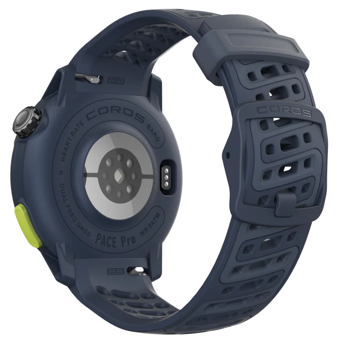 Pace Pro by Coros in navy blue, lightweight running watch with AMOLED screen and energy-efficient tech for endurance training