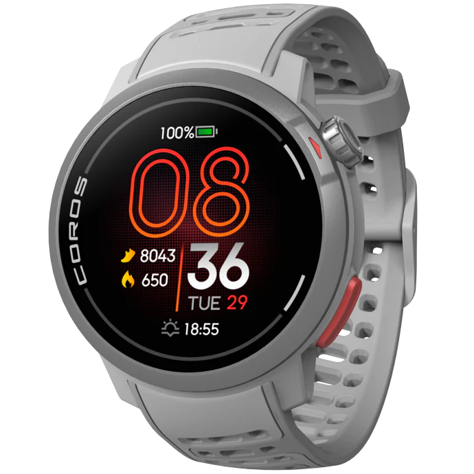 Pace Pro by Coros in grey with AMOLED screen, lightweight compact design, energy-efficient smartwatch ideal for running and sports