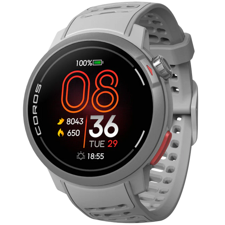 Pace Pro by Coros in light grey with bright AMOLED display, energy-efficient design, compact running smartwatch for performance tracking