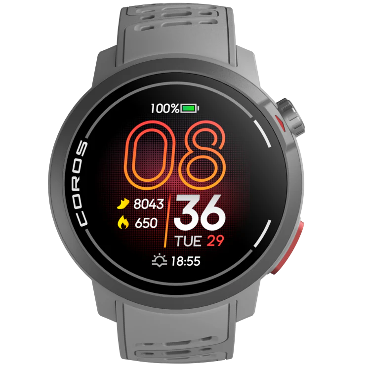 Pace Pro by Coros in grey with AMOLED screen, high-performance processor, and energy-efficient design ideal for running and fitness tracking