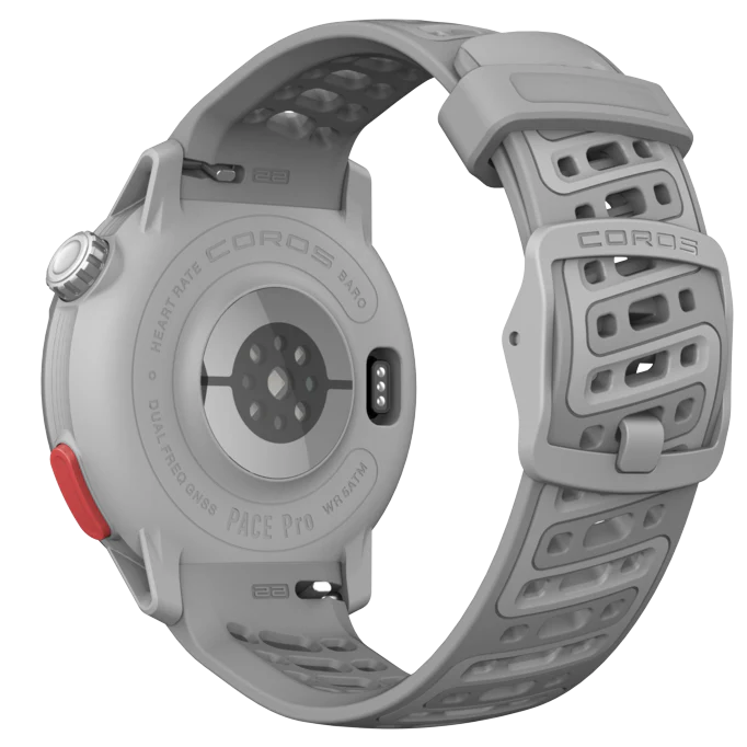 Pace Pro by Coros in light grey with red button, compact lightweight GPS watch with AMOLED screen and energy-efficient tech for running