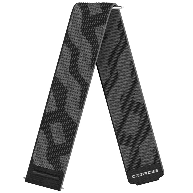 Coros Pace 3/4/Pro Band in black and grey nylon with quick release, 22mm width, snug fit for improved heart rate accuracy on wrist sizes 135-235mm