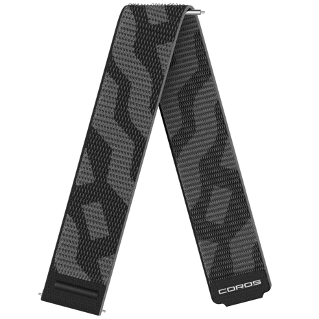 Coros Pace 3/4/Pro Band in black and grey nylon with quick release, 22mm width, snug fit for improved heart rate accuracy on wrist sizes 135-235mm