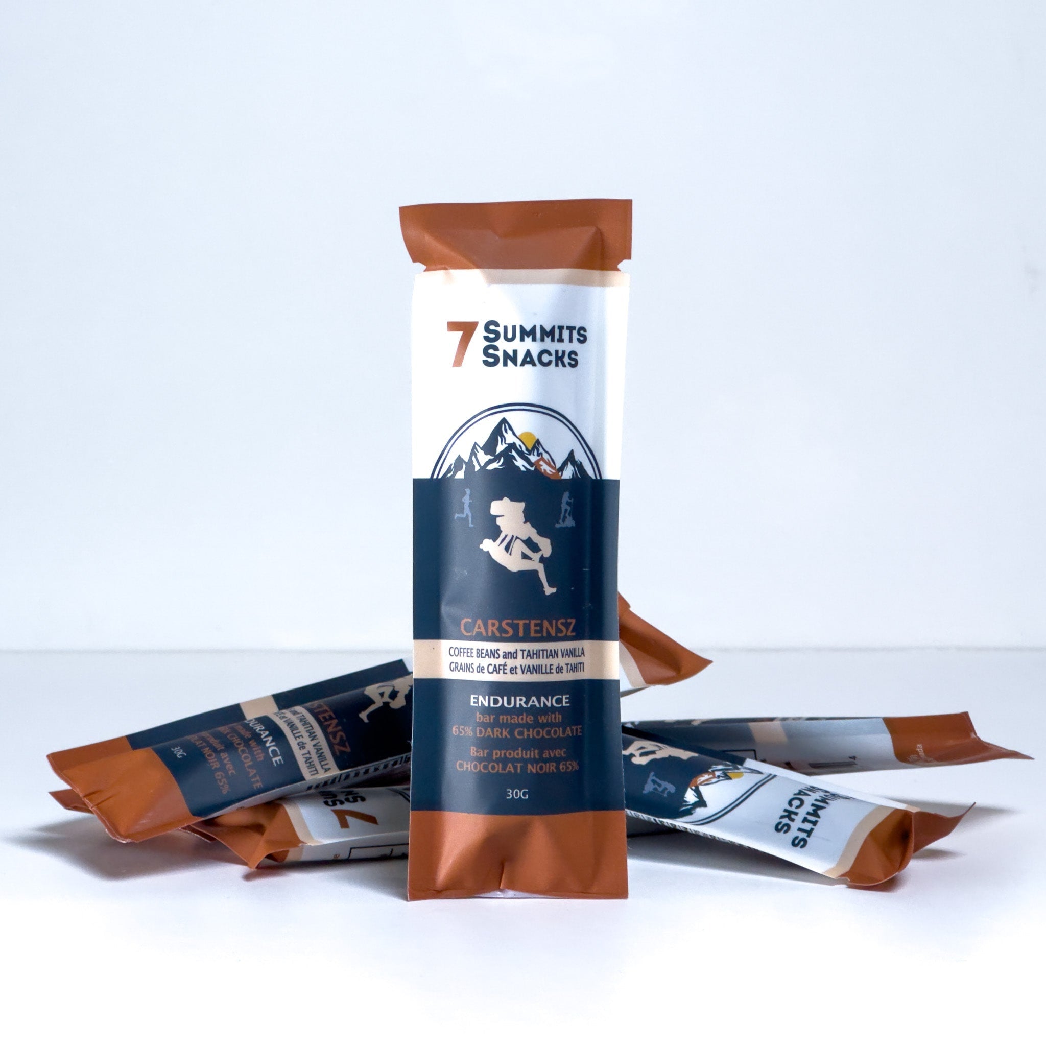 Carstensz Dark Chocolate Endurance Bar (30g) by 7 Summit Snacks in brown and navy, with espresso and electrolytes for endurance fuel