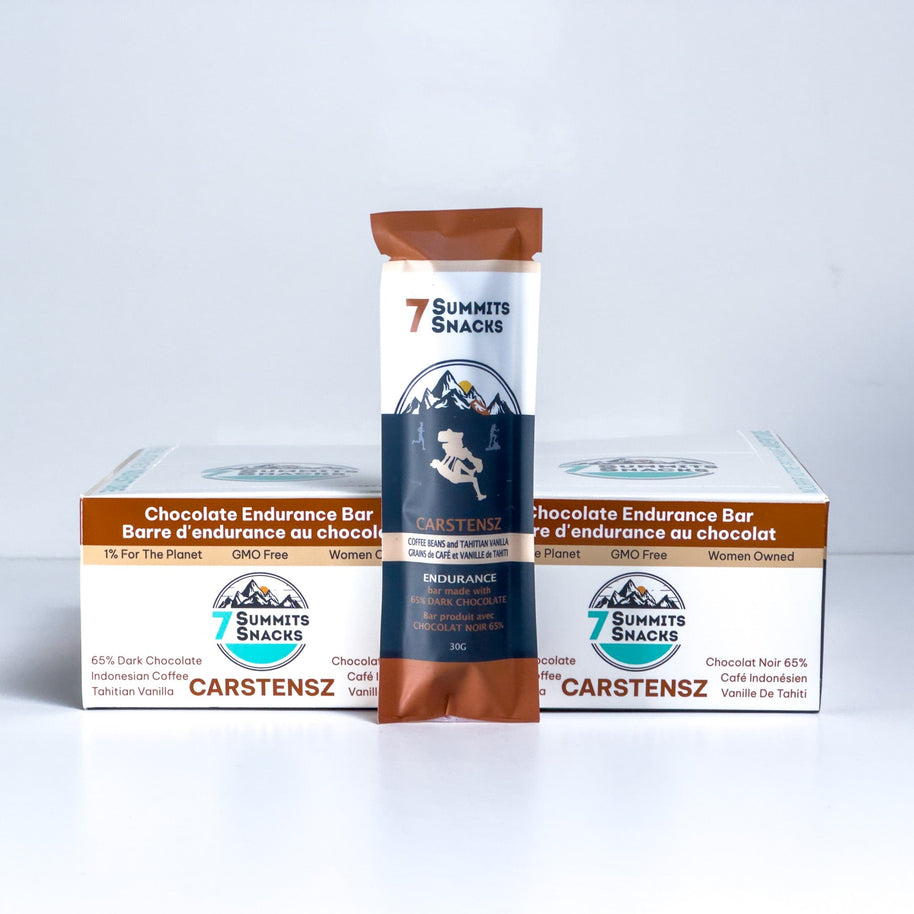 Carstensz Dark Chocolate Endurance Bar (30g) by 7 Summit Snacks, 64% Peruvian dark chocolate with honey and electrolytes for endurance energy