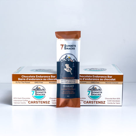 Carstensz Dark Chocolate Endurance Bar (30g) by 7 Summit Snacks, 64% Peruvian dark chocolate with honey and electrolytes for endurance energy