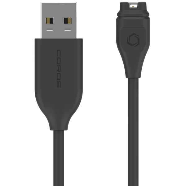 Charging Cable by Coros in black with 22-inch USB-A port, compatible with multiple watch models, designed for reliable charging and outdoor use
