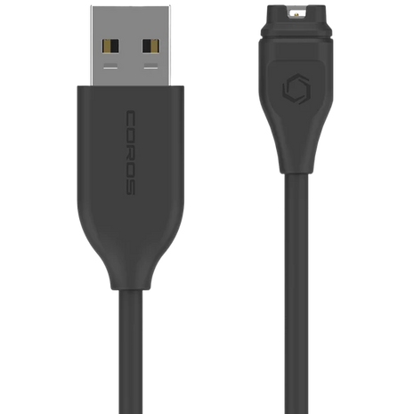 Charging Cable by Coros in black with 22-inch USB-A port, compatible with multiple watch models, designed for reliable charging and outdoor use