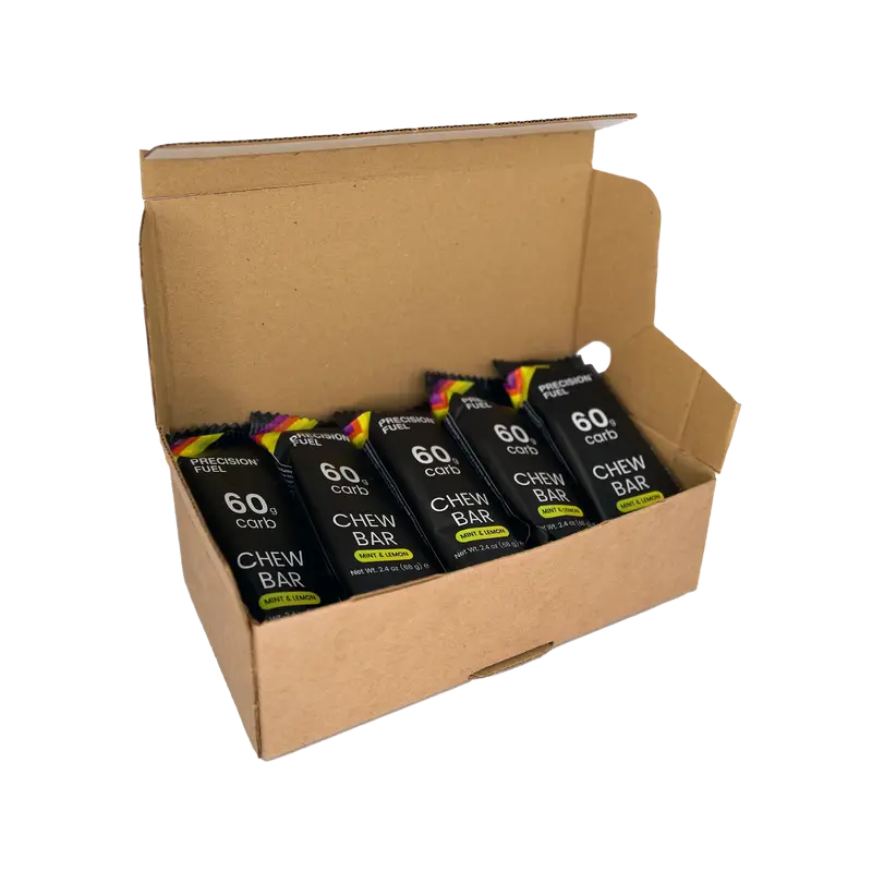 PF 60 Chew by Precision Fuel & Hydration in black packaging with mint lemon flavor, energy chew bars ideal for endurance athletes