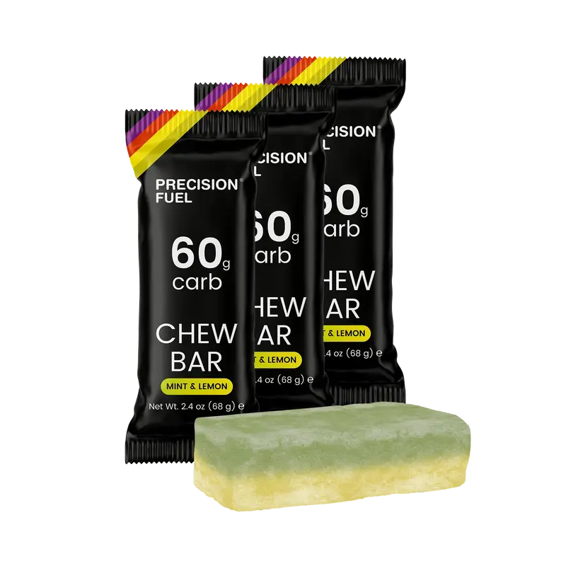 PF 60 Chew by Precision Fuel & Hydration in black packaging with mint and lemon flavor, high-carb energy chew bar for endurance athletes