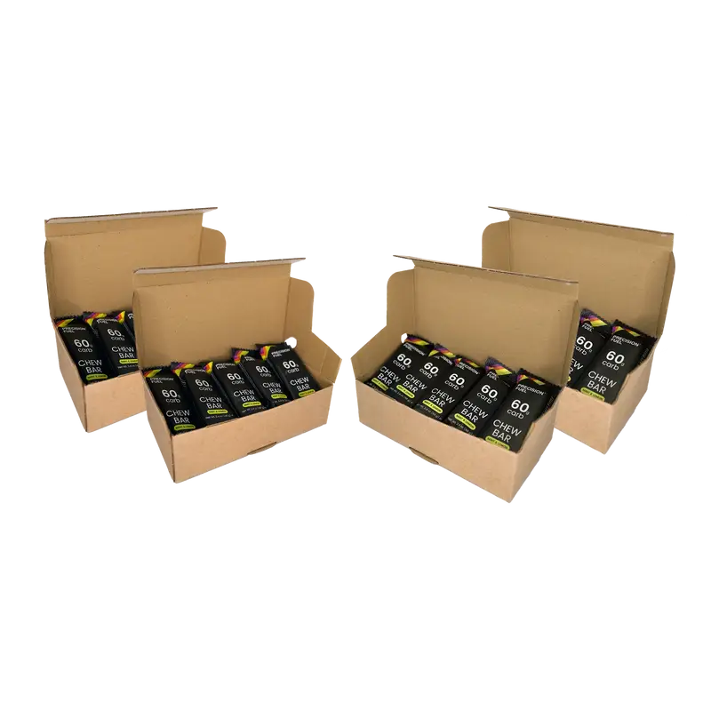 PF 60 Chew by Precision Fuel & Hydration in black packaging, energy-dense fuel designed for endurance athletes and running stores in Canada