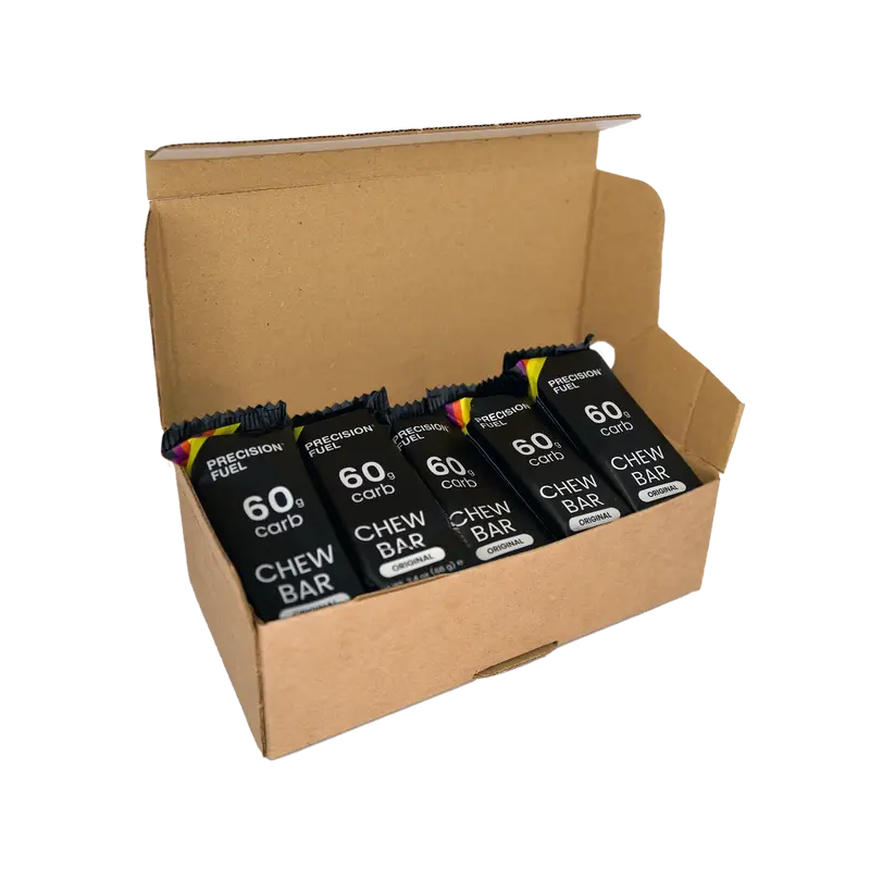PF 60 Chew by Precision Fuel & Hydration in black with multicolor, energy-dense chew bars for endurance athletes needing high carb fuel