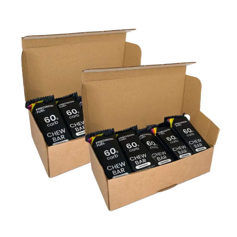 PF 60 Chew by Precision Fuel & Hydration in black packaging, high carbohydrate energy chew bars for endurance athletes and running fuel