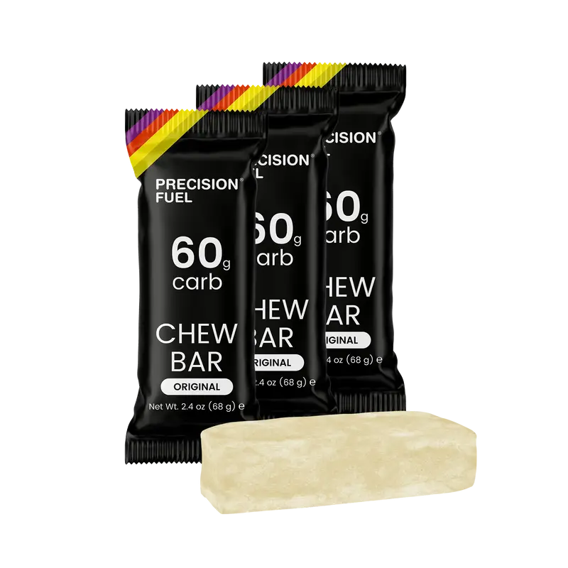 PF 60 Chew by Precision Fuel & Hydration in black packaging with original flavor, energy-dense chew bar for endurance athletes
