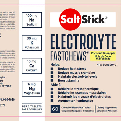 Saltstick Fastchews 60-Tab Bottle in coconut pineapple by Saltstick, chewable electrolyte tablets with sodium, potassium, calcium, magnesium for heat stress and muscle support