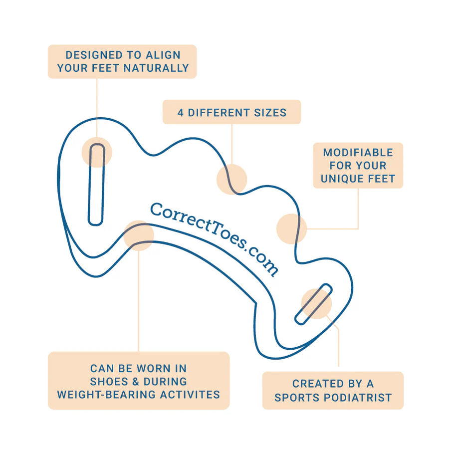Correct Toes Original in white by Correct Toes, designed to align feet naturally, modifiable, four sizes, ideal for weight-bearing activities and foot health.