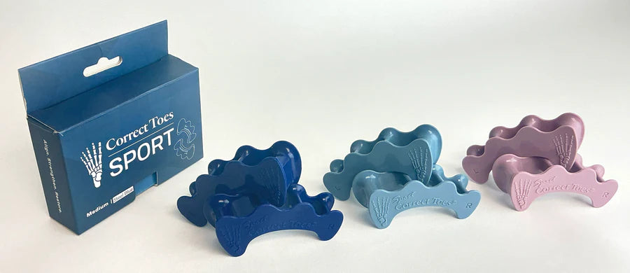 Correct Toes Sport in blue and purple by Correct Toes, toe spacers designed to improve foot muscle strength and natural movement for athletes