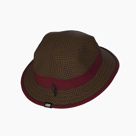 BKTHat - All Over Print - Run Mountains by Ciele in brown with maroon trim, bucket hat with full coverage for running and outdoor use