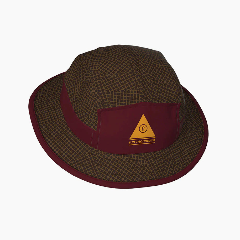 BKTHat - All Over Print - Run Mountains by Ciele in brown and burgundy with original print, lightweight bucket hat for running and outdoor protection