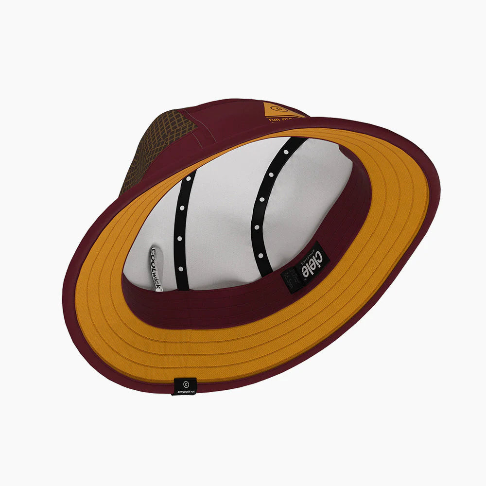 BKTHat - All Over Print - Run Mountains by Ciele in maroon and mustard, bucket hat with 360-degree performance and protection for outdoor running and hiking