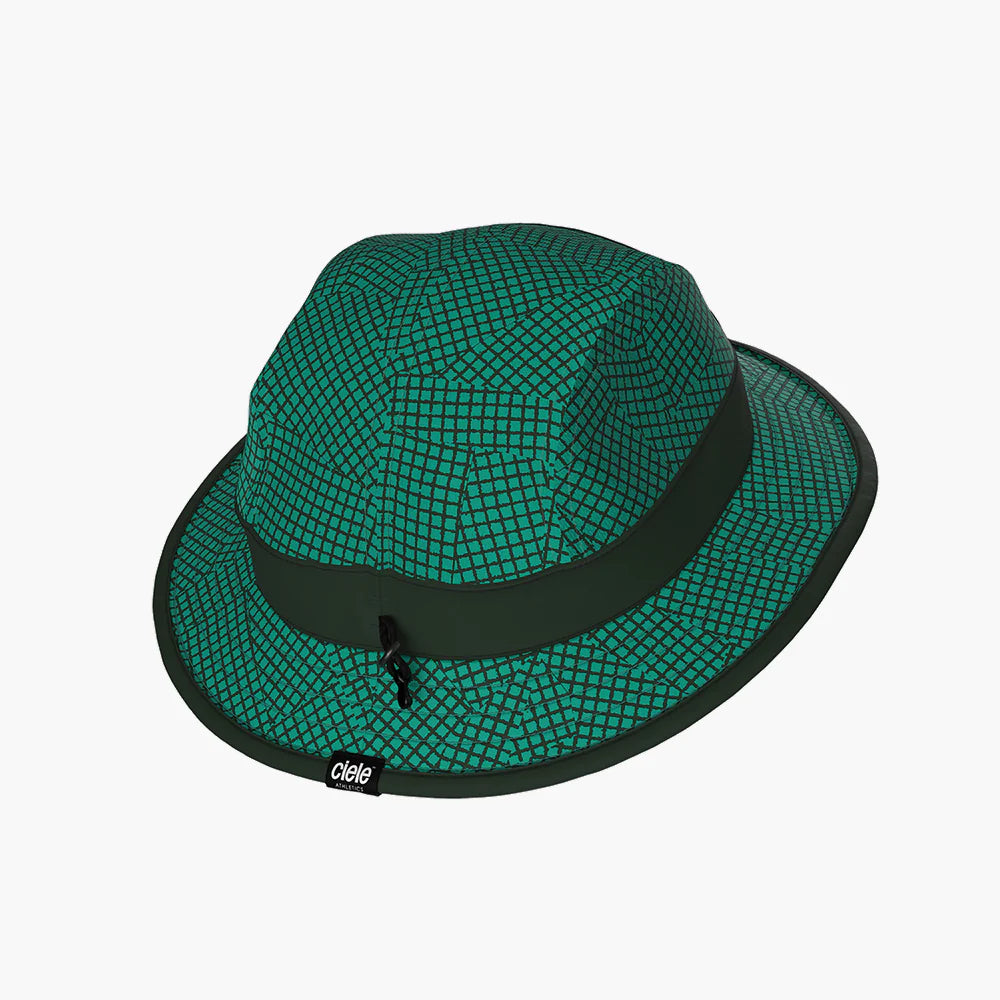 BKTHat - All Over Print - Run Mountains by Ciele in green with grid pattern, lightweight bucket hat for 360-degree outdoor protection