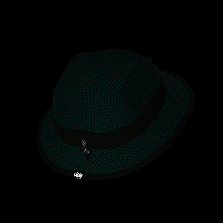 BKTHat - All Over Print - Run Mountains by Ciele in black with grid pattern, lightweight bucket hat for 360-degree performance and protection