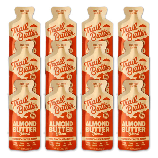 Almond Butter - Dark Chocolate & Coffee by Trail Butter in orange and beige packs, rich almond butter with dark chocolate and coffee for energy and nutrition