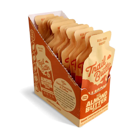 Almond Butter - Dark Chocolate & Coffee by Trail Butter in beige and orange pouch, rich energizing blend with caffeine, non-GMO nutrition