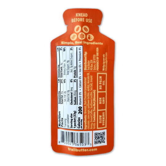 Almond Butter - Dark Chocolate & Coffee by Trail Butter in orange pouch with bold rich flavors, lightly caffeinated, energizing snack