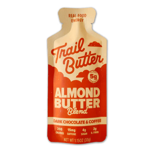 Almond Butter - Dark Chocolate & Coffee by Trail Butter in beige and orange pouch, rich blend with caffeine and protein for energy and nutrition