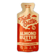 Almond Butter - Dark Chocolate & Coffee by Trail Butter in beige and orange pouch, rich blend with caffeine and protein for energy and nutrition