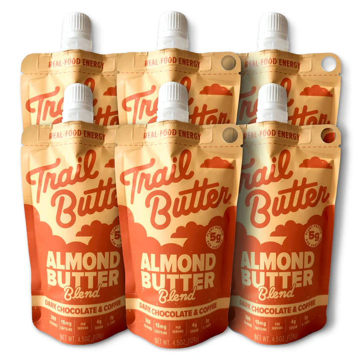 Butter - Dark Chocolate & Coffee by Trail Butter in orange packaging, nut butter blend with dry-roasted almonds, dark chocolate, and coffee, energizing and lightly caffeinated