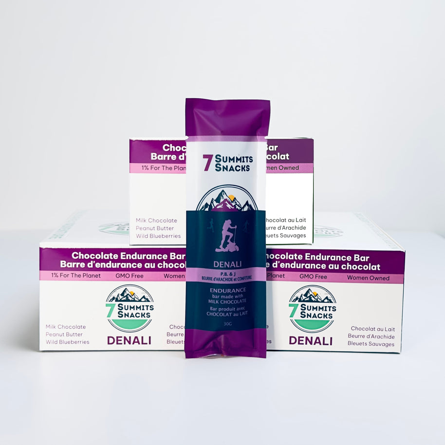 Denali Milk Chocolate Endurance Bar (30g) by 7 Summit Snacks in dark purple with honey and peanut butter for sustained energy and endurance