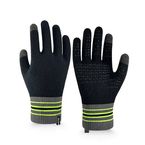 Dexshell Ultra Thin Waterproof Running Gloves in Black with Hi-Vis Yellow Stripe, back and grippy palm view