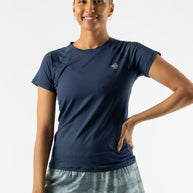 ICE Perf Tee SS - Women by Rabbit in navy blue, lightweight, soft, perforated, quick-dry sustainable fabric from recycled coffee grounds, ideal for running.