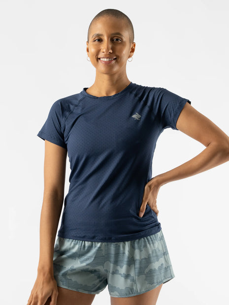 ICE Perf Tee SS - Women by Rabbit in navy blue, lightweight, soft, perforated, quick-dry sustainable fabric from recycled coffee grounds, ideal for running.